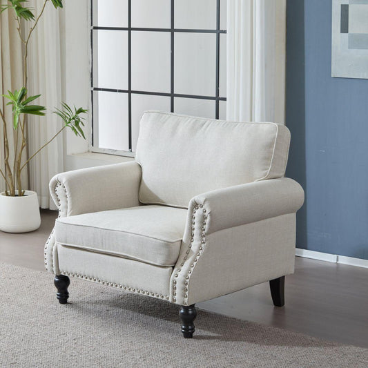 40.16 Inch Nailhead Trim Couches for Living Room, 22' Deep Seat Rolled Arm Sofa, Faux Leather Couch Upholstered SofaComfy Upholstered 1 Seater Sofa, w/Wooden Leg, Large Traditional Sofa -Beige