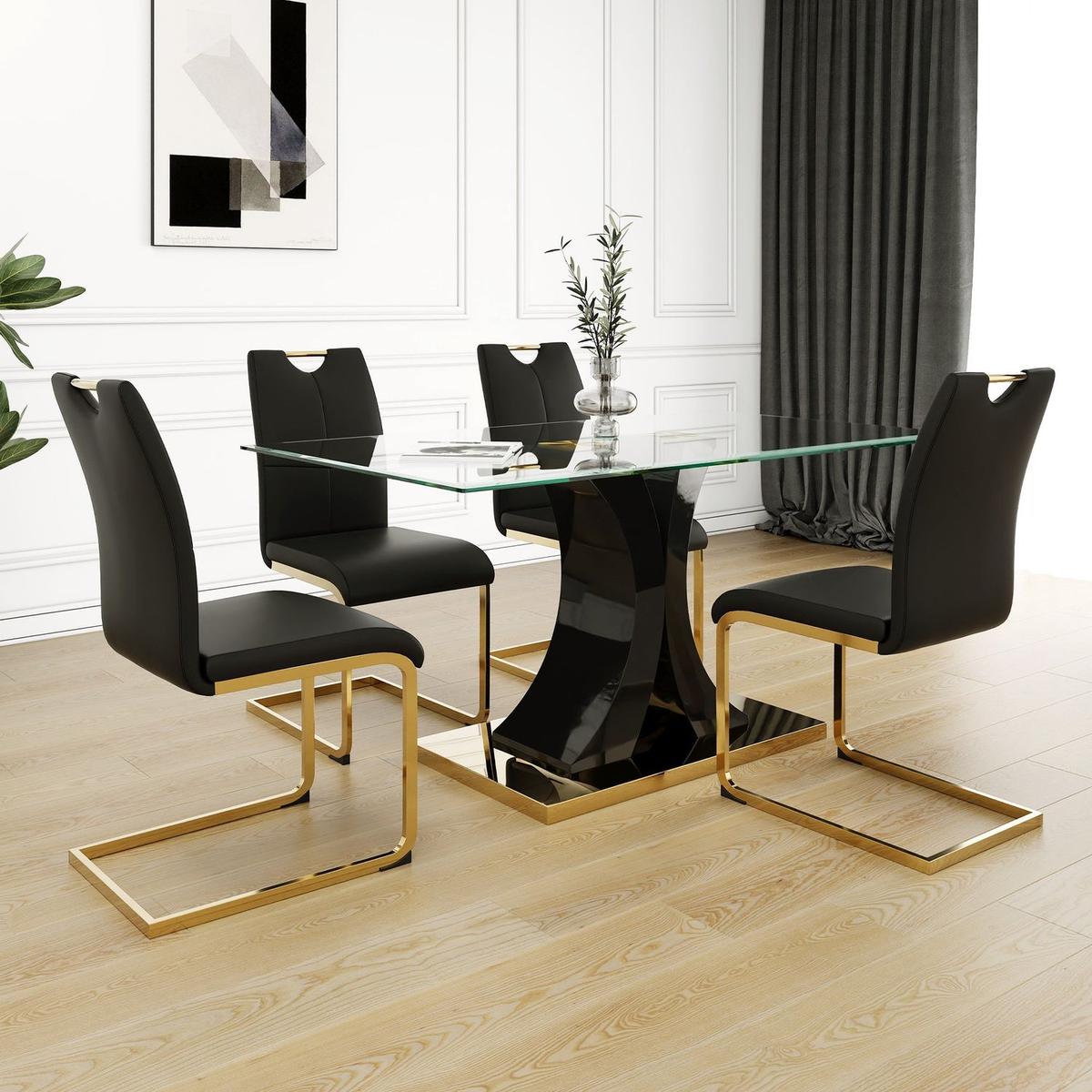 Modern style glass dining table, elegant transparent design, solid support base, black dining chair set, gold-plated chair legs, suitable for restaurant kitchen use (set of 5)