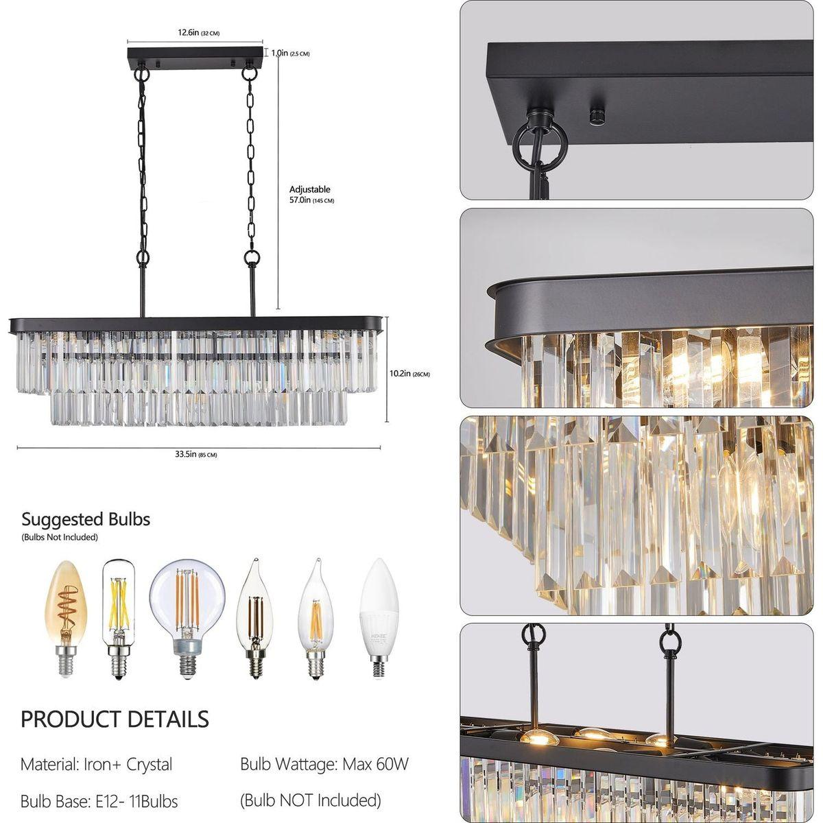 Chandeliers,Rectangular Crystal Chandelier Adjustable,E12 Modern Industrial Crystal Lights,Farmhouse Iron Ceiling Hanging Light for Kitchen Living Room Bedroom/Black(Bulb Not Included)