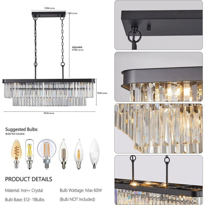Chandeliers,Rectangular Crystal Chandelier Adjustable,E12 Modern Industrial Crystal Lights,Farmhouse Iron Ceiling Hanging Light for Kitchen Living Room Bedroom/Black(Bulb Not Included)