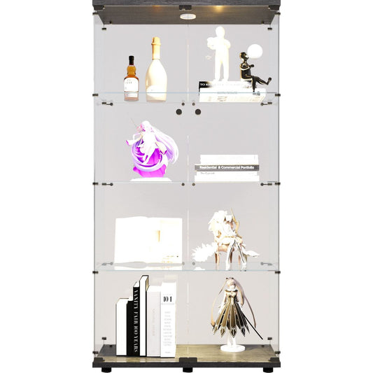 Two-door LED lights  Glass Display Cabinet 4 Shelves with Door, Floor Standing Curio Bookshelf for Living Room Bedroom Office,  64.7'*31.7'*14.3',Black