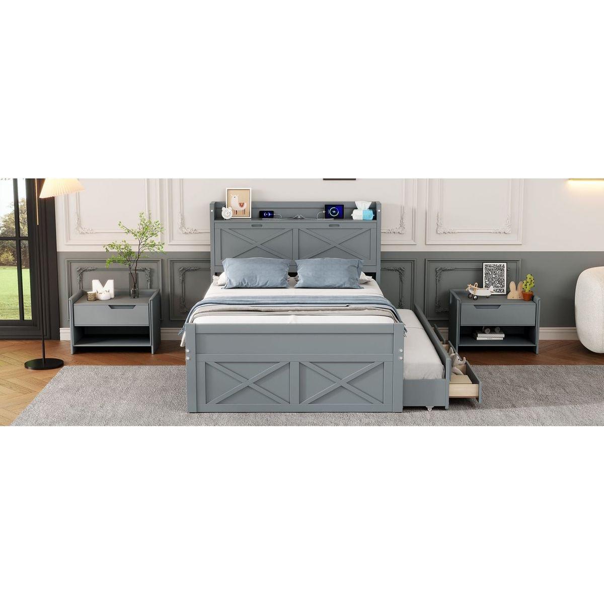 Full Size Wooden Bed with Storage Headboard with Outlets, Extendable Bed with Twin Size Trundle with Three Storage Drawers,Gray