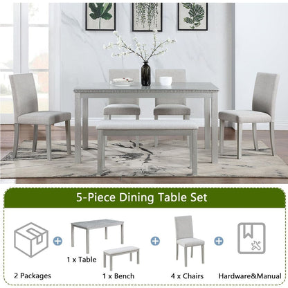 Wooden Dining Rectangular Table with Bench, Kitchen Table with Bench for Small Space, 6 Person Dining Table, Silver grey