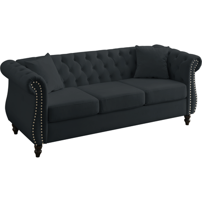 80" Chesterfield Sofa Black Velvet for Living Room, 3 Seater Sofa Tufted Couch with Rolled Arms and Nailhead for Living Room, Bedroom, Office, Apartment, 3S+2S