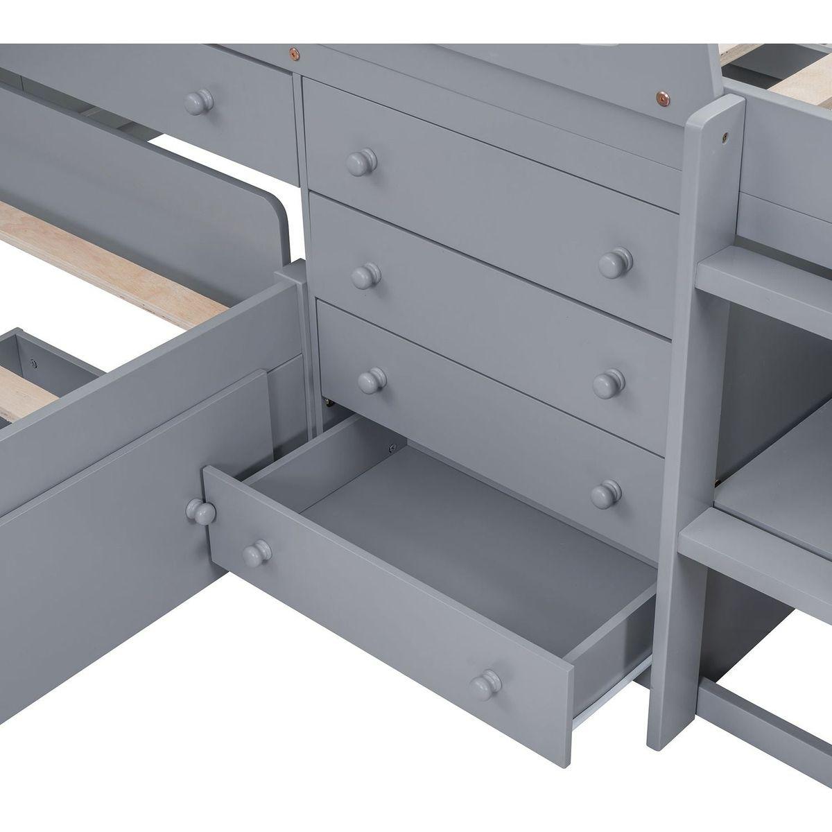 L-shaped Space-Saving Twin Loft and Twin Platform Bed with 7 Drawers and Full Guardrails(GRAY)
