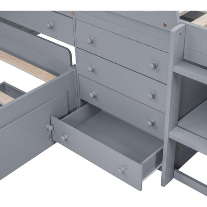 L-shaped Space-Saving Twin Loft and Twin Platform Bed with 7 Drawers and Full Guardrails(GRAY)