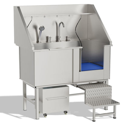 Stainless Steel Dog Washing Station with Seamless Design and Accessories, Silver, 50 Inch