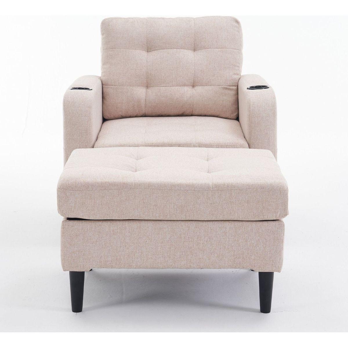 Beige Upholstered Armchair and Storage Ottoman Set - Comfortable Single Sofa with Cup Holders and Tufted Detailing, Ideal for Living Room or Bedroom