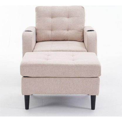 Beige Upholstered Armchair and Storage Ottoman Set - Comfortable Single Sofa with Cup Holders and Tufted Detailing, Ideal for Living Room or Bedroom