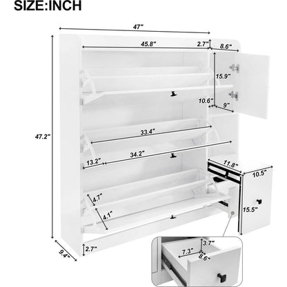 Versatile Shoe Cabinet with 3 Flip Drawers, Maximum Storage Entryway Organizer with Drawer, Free Standing Shoe Rack with Pull-down Seat for Hallway, White