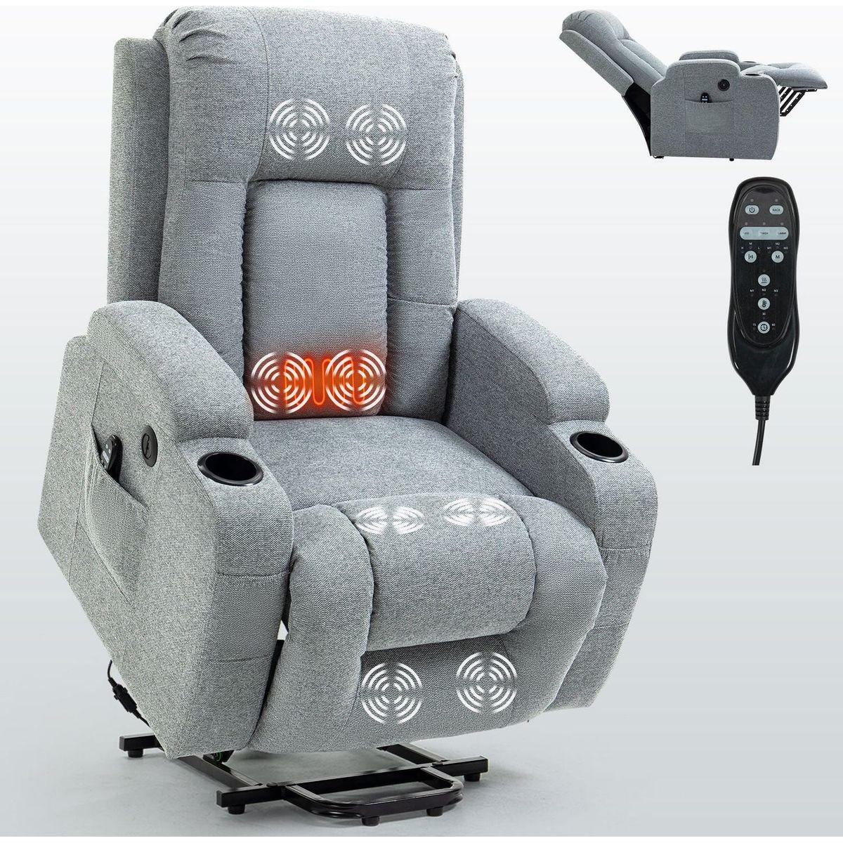 Infinite Position Okin Motor Up to 350 LBS Power Lift Recliner Chair for Elderly, Heavy Duty Motion Mechanism with 8-Point Vibration Massage and Lumbar Heating, USB Charging Port, Cup Holders, Grey