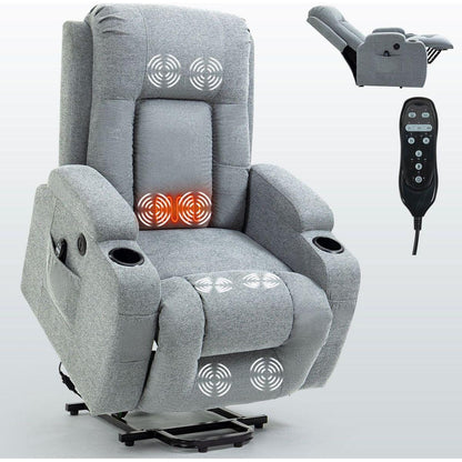 Infinite Position Okin Motor Up to 350 LBS Power Lift Recliner Chair for Elderly, Heavy Duty Motion Mechanism with 8-Point Vibration Massage and Lumbar Heating, USB Charging Port, Cup Holders, Grey