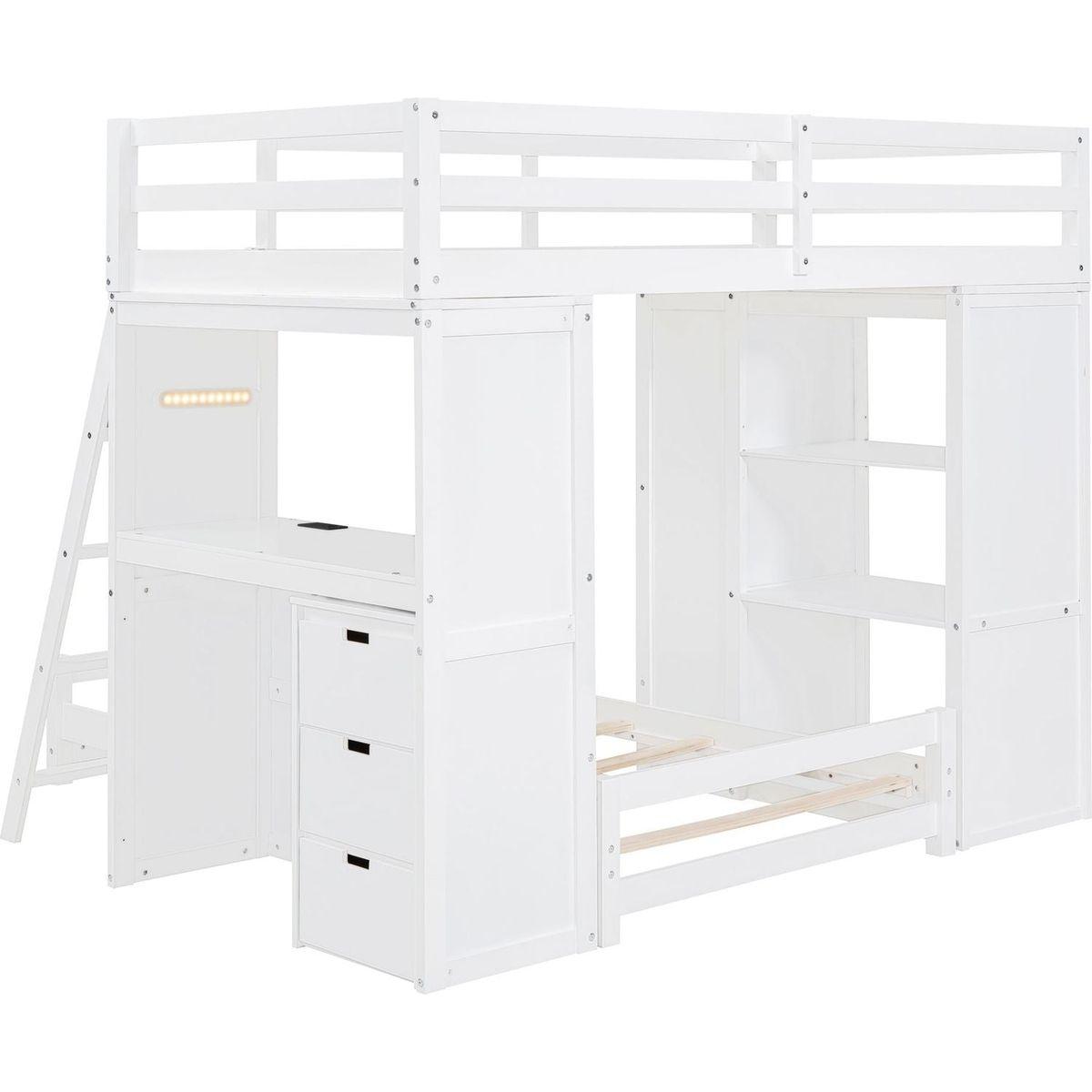 Twin over Twin Bunk Bed with LED Light and USB Ports, White