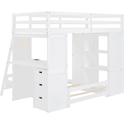 Twin over Twin Bunk Bed with LED Light and USB Ports, White