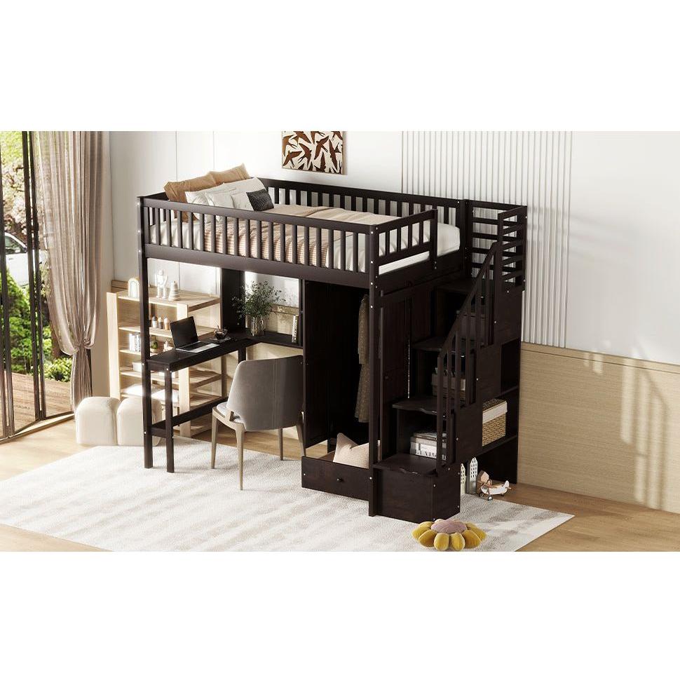 Twin size Loft Bed with Bookshelf,Drawers,Desk,and Wardrobe-Espresso