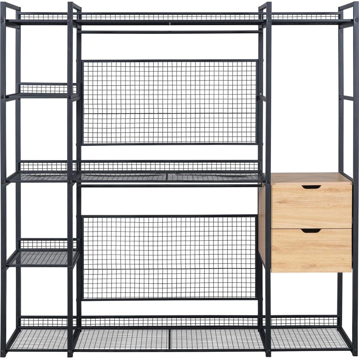 Open-Style Wardrobe with Hanging Rails, Shelves and Drawers, Black