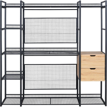 Open-Style Wardrobe with Hanging Rails, Shelves and Drawers, Black