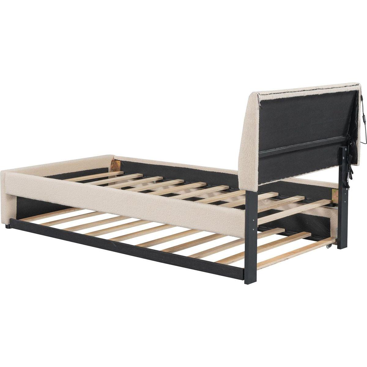 Teddy Fleece Twin Size Upholstered Platform Bed with Trundle, Beige
