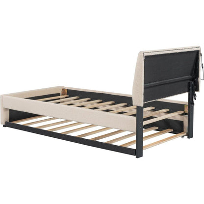 Teddy Fleece Twin Size Upholstered Platform Bed with Trundle, Beige