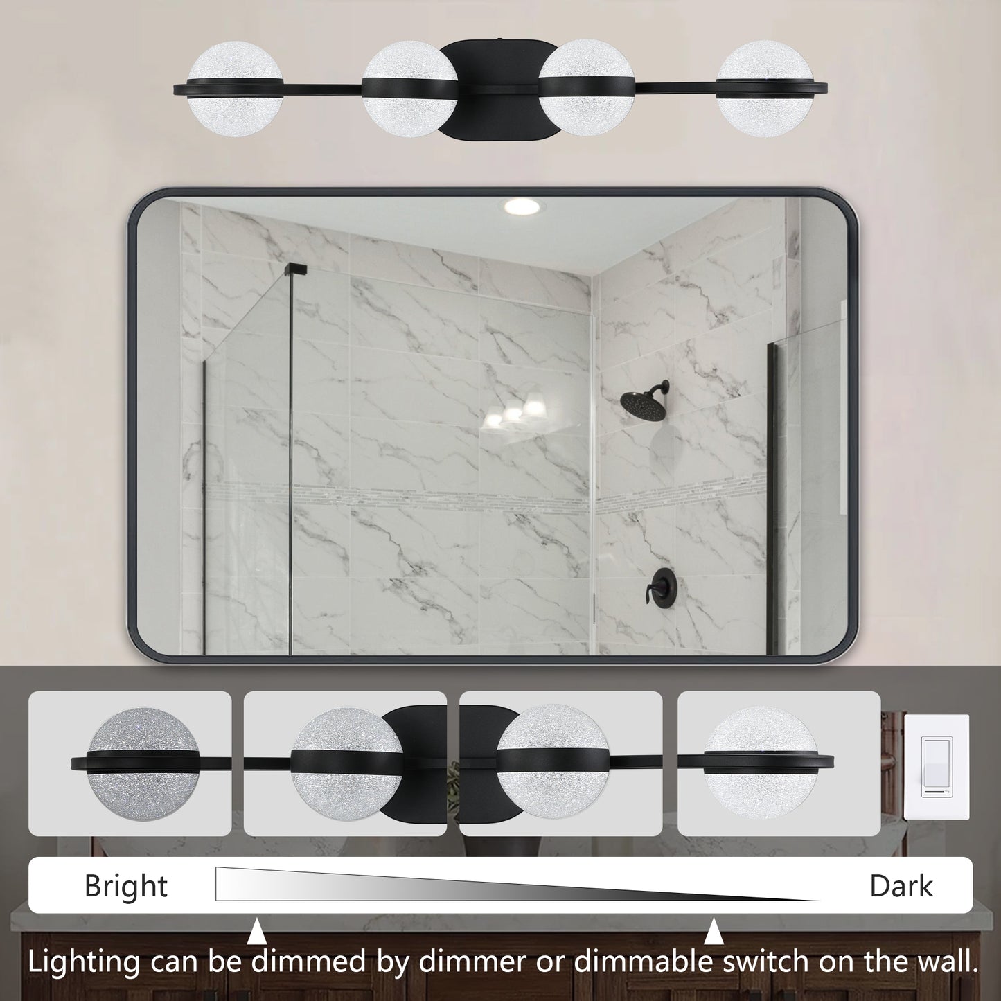 Modern Minimalist Bathroom Vanity Light, LED 4 Bulb Frosted Glass Shades, Wall Mounted Decorative Lighting Fixture, Suitable for Bathroom Vanity Mirror (Black)