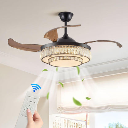 Contemporary LED Retractable Ceiling Fan with Light and Remote Control, Quiet Reversible Motor,4 Blades Modern Ceiling Fans for Kitchen Bedroom Dining Room Patio