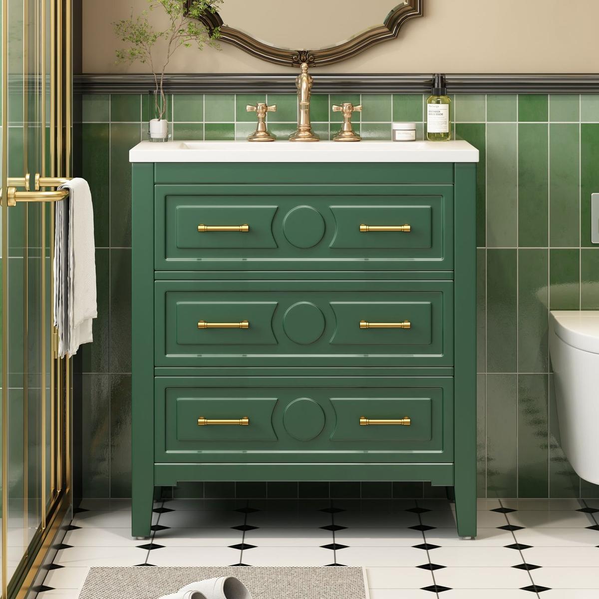 30" Bathroom Vanity with Resin Sink Combo, Free Standing Single Vanity Set with 3 Drawers, Solid Wood Frame Bathroom Storage Cabinet, Green