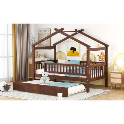 Twin Size Wooden House Bed with Twin Size Trundle, Walnut