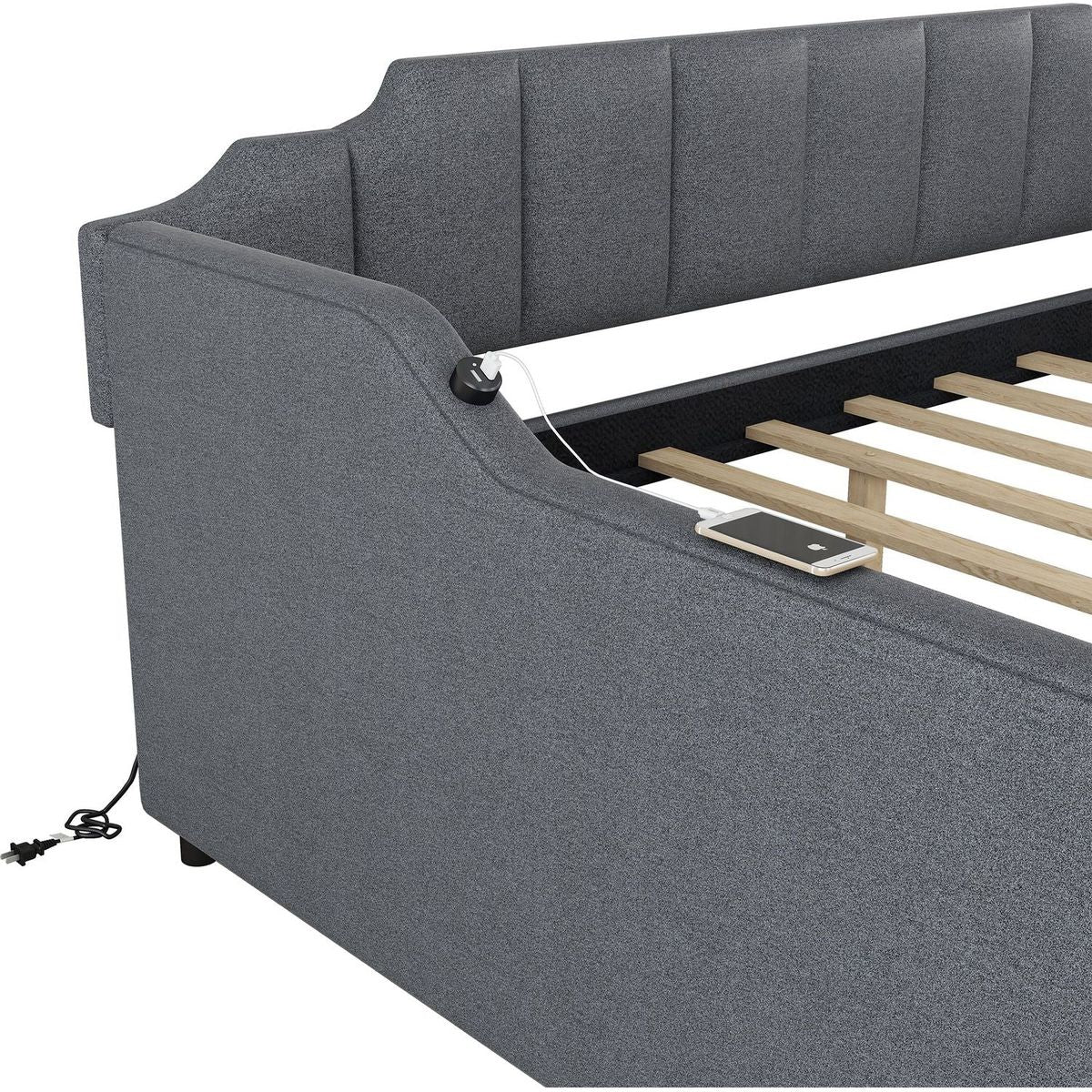 Full Size Upholstery Daybed with Trundle and USB Charging Design,Trundle can be flat or erected,Gray