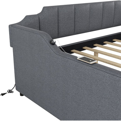 Full Size Upholstery Daybed with Trundle and USB Charging Design,Trundle can be flat or erected,Gray