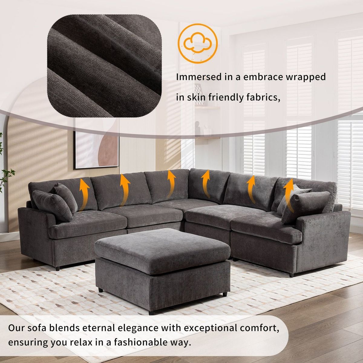 Modern Large U-Shape Sectional Sofa, with Removable Ottomans for Living Room (6-Seater)