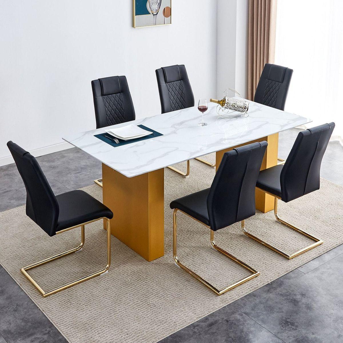 Table and chair set.Large modern rectangular table with 0.4 inch patterned glass tabletop and large MDF table legs.Comes with 6 chairs with faux leather cushioned seats and golden metal legs.