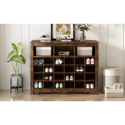 Sleek Design 24 Shoe Cubby Console, Modern Shoe Cabinet with Curved Base, Versatile Sideboard with High-quality for Hallway, Bedroom, Living Room, Rustic Brown