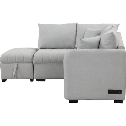 82.6" L-shaped Sectional Pull Out Sofa Bed Sleeper Sofa with Two USB Ports, Two Power Sockets and a Movable Storage Ottoman, Gray