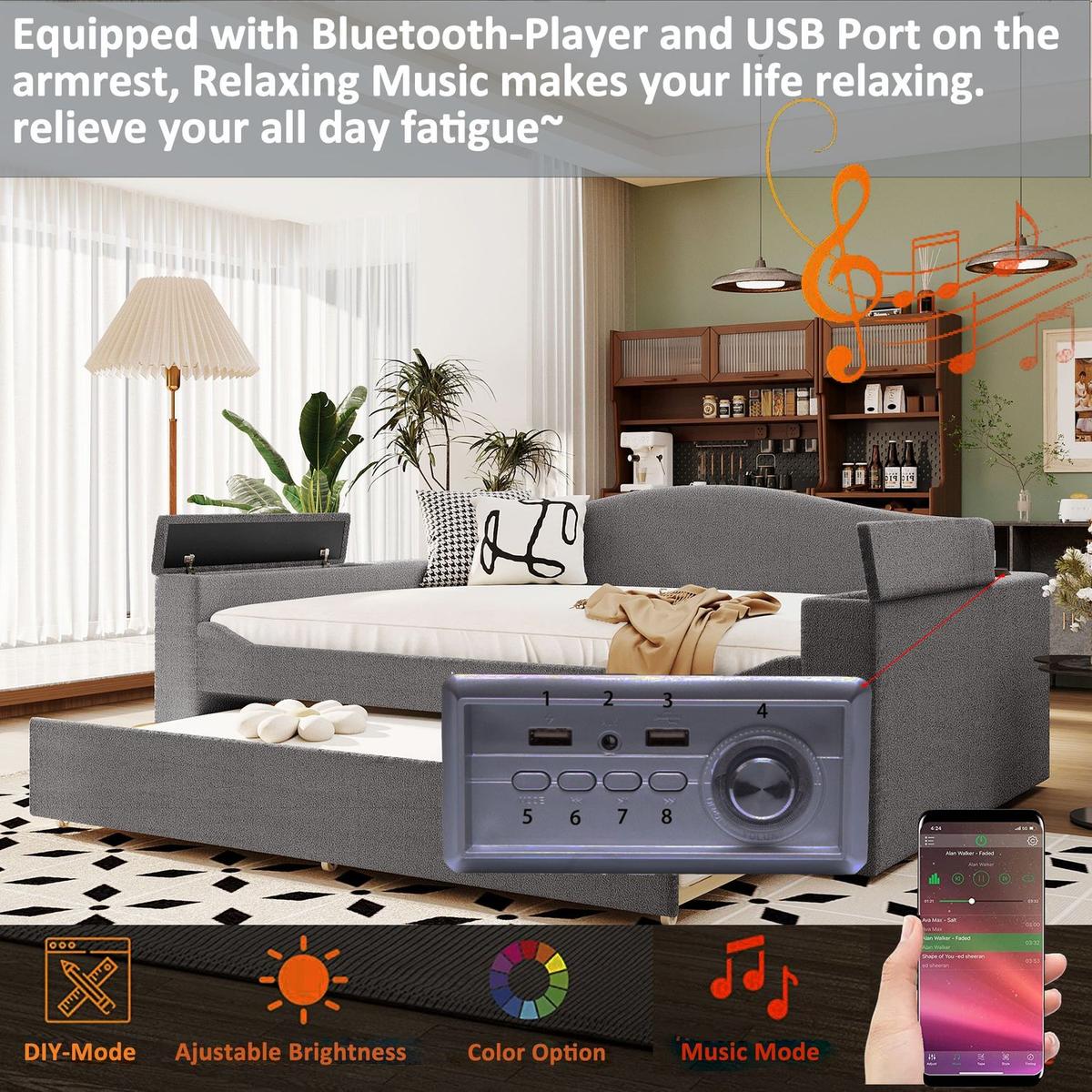 Full Size Upholstered Daybed with Storage Armrests, Trundle and Latest Integrated Bluetooth Audio System, Teddy Fleece, Gray