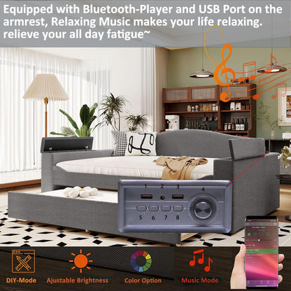 Full Size Upholstered Daybed with Storage Armrests, Trundle and Latest Integrated Bluetooth Audio System, Teddy Fleece, Gray