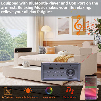 Full Size Upholstered Daybed with Storage Armrests, Trundle and Latest Integrated Bluetooth Audio System, Teddy Fleece, Beige