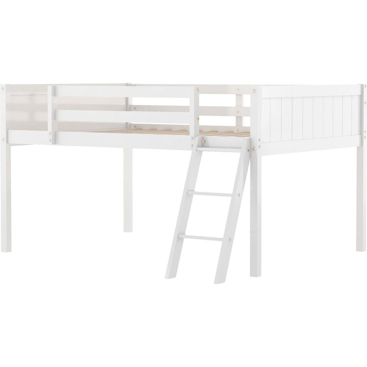 Full Size Wood Low Loft Bed with Ladder, ladder can be placed on the left or right, White(O