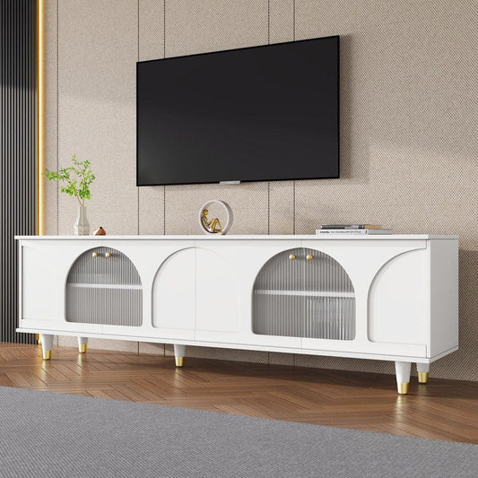 Contemporary TV Stand with Adjustable Shelves for TVs Up to 78", Stylish Media Console with Gold Handles and Arch Fluted Glass Doors, Delicate Entertainment Center for Living Room, White