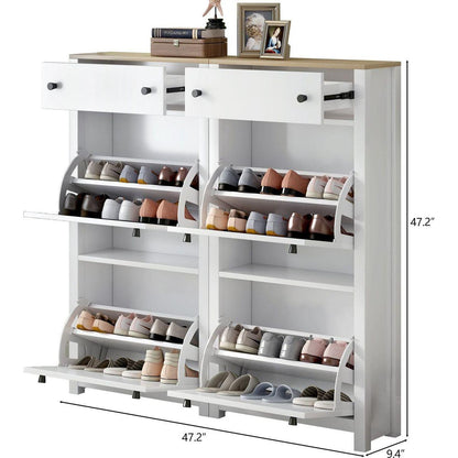 Slim Shoe Cabinet Set with 4 Flip Drawers, Wood Grain Pattern Top Shoe Storage Solution with Adjustable Panel, Modern Style Shoe Rack with Drawers for Hallway, White