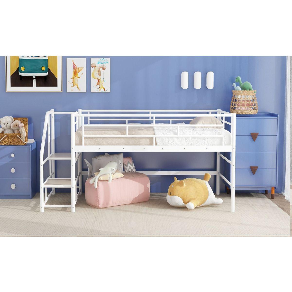 Mid Loft Bed with Storage stairs, Twin, White