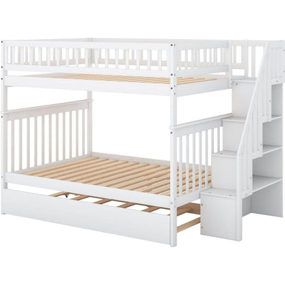 Full over Full Bunk Bed with Trundle and Staircase,White
