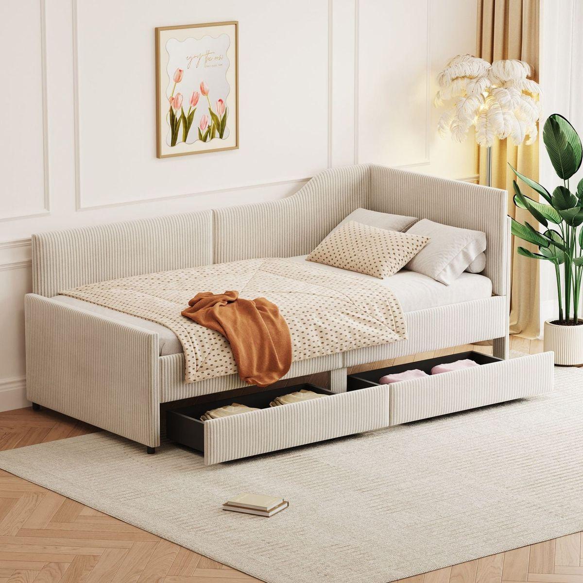 Twin Size L-Shaped Corduroy Daybed,Upholstered Bed Frame with 2 Storage Drawers, Beige