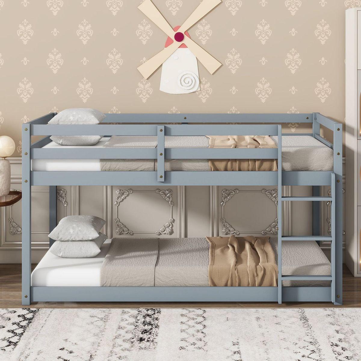 Solid Wooden, Solid Rubber Wooden Twin over Twin Loft Bed with Ladder, with Bed Platform of Strengthened Slats , Grey - Streamdale Furniture