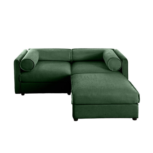 Modern Green Chenille 2-Seater Sofa with Ottoman Storage, Cylindrical Backrest and Armrests