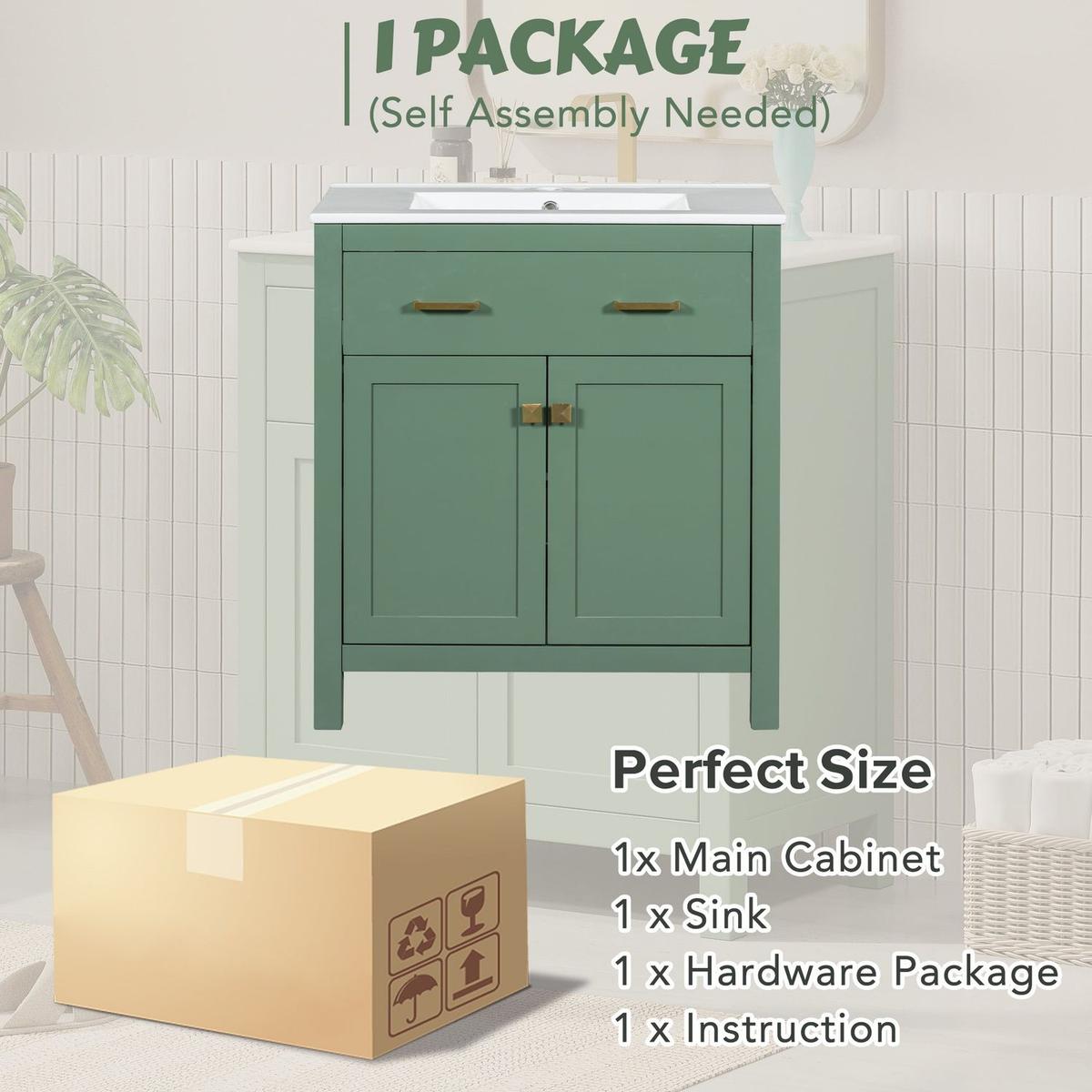 30-inch Bathroom Vanity with Ceramic Sink, Modern Green Single Bathroom Cabinet with 2 Doors and a Shelf, Soft Close Doors