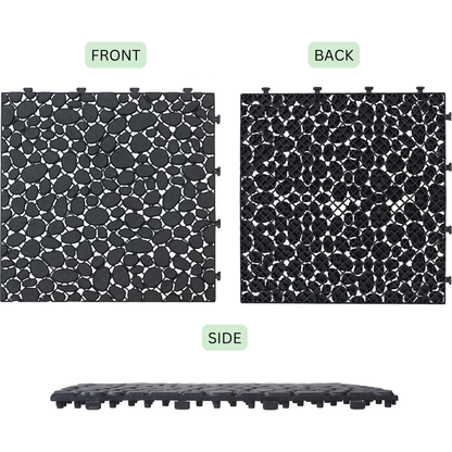 12 x 12 Inch Black Interlocking Deck Tiles Plastic Waterproof Outdoor All Weather Anti-slip Bathroom Shower Balcony Porch Strong Weight Capacity Upto 440 LBS, Pebble Stone Pattern Pack of 12