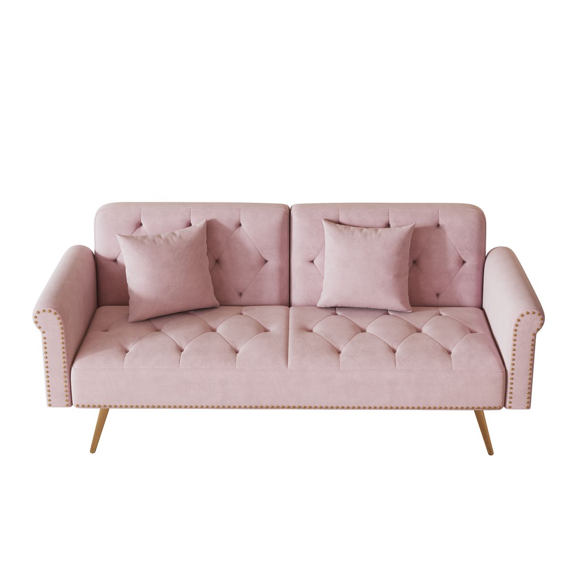 Velvet Sofa Bed with Nail Head Trim and Matching Throw Pillow, Pink, 69.7-inch