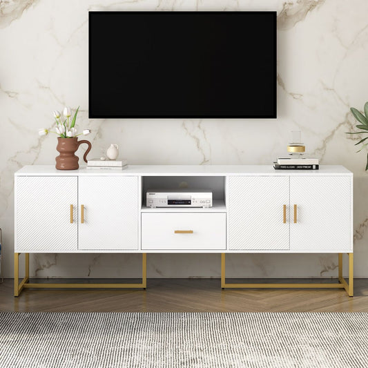 U-Can Modern TV Stand for TV up to 70 Inches,TV Cabinet with 1 Drawer, 2 Cabinets and Metal Legs, Handles and Anti-tip Device for Living room