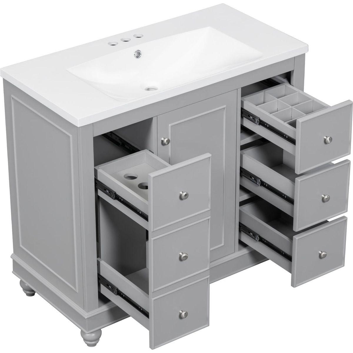 Contemporary Gray Bathroom Vanity Cabinet - 36x18x34 inches, 4 Drawers & 1 Cabinet Door, Multipurpose Storage, Resin Integrated Sink, Adjustable Shelves, Solid Wood Frame with MDF