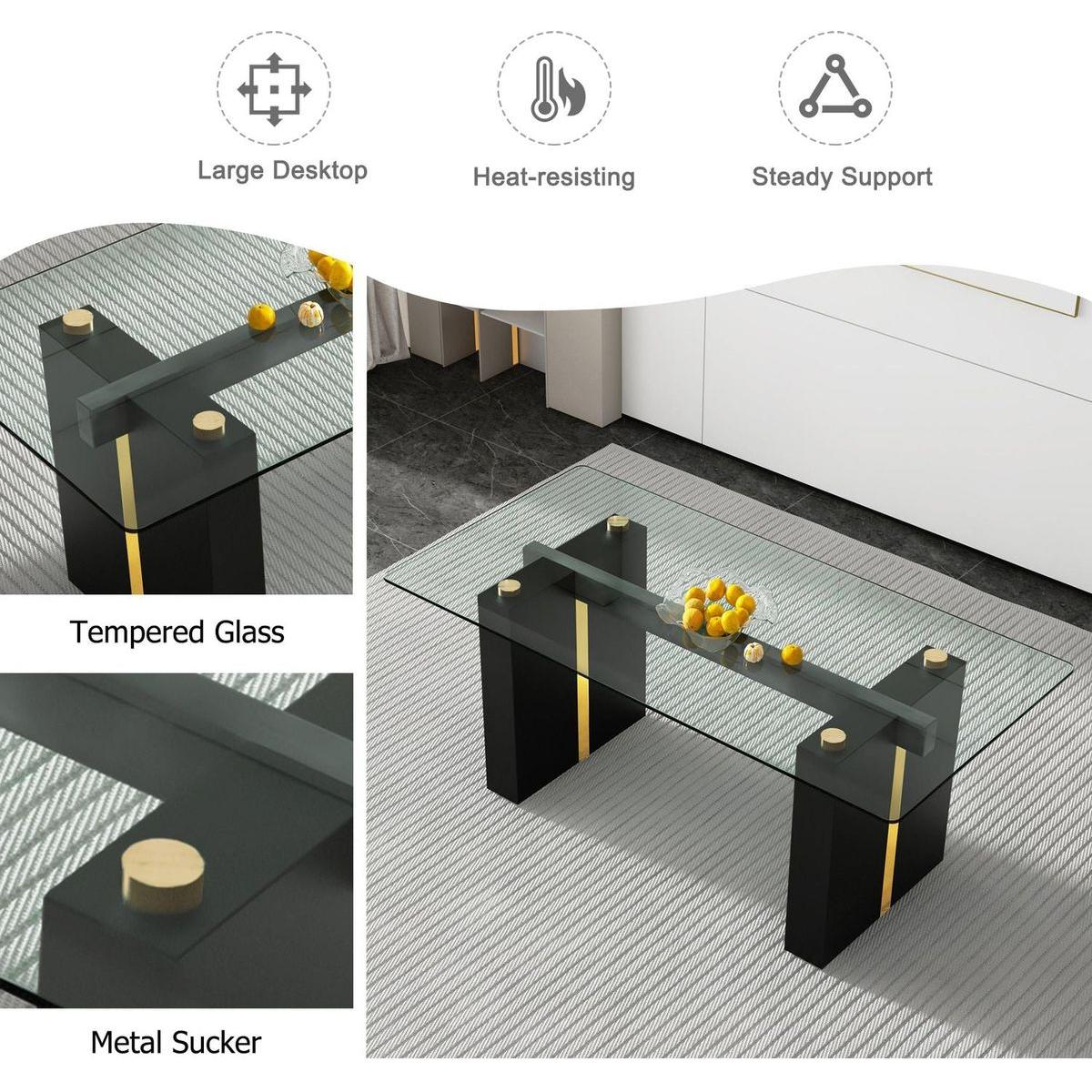 Table and chair set, large modern minimalist rectangular glass table, can accommodate 6-8 people, equipped with tempered glass tabletop and large MDF table legs, comfortable and minimalist chairs.